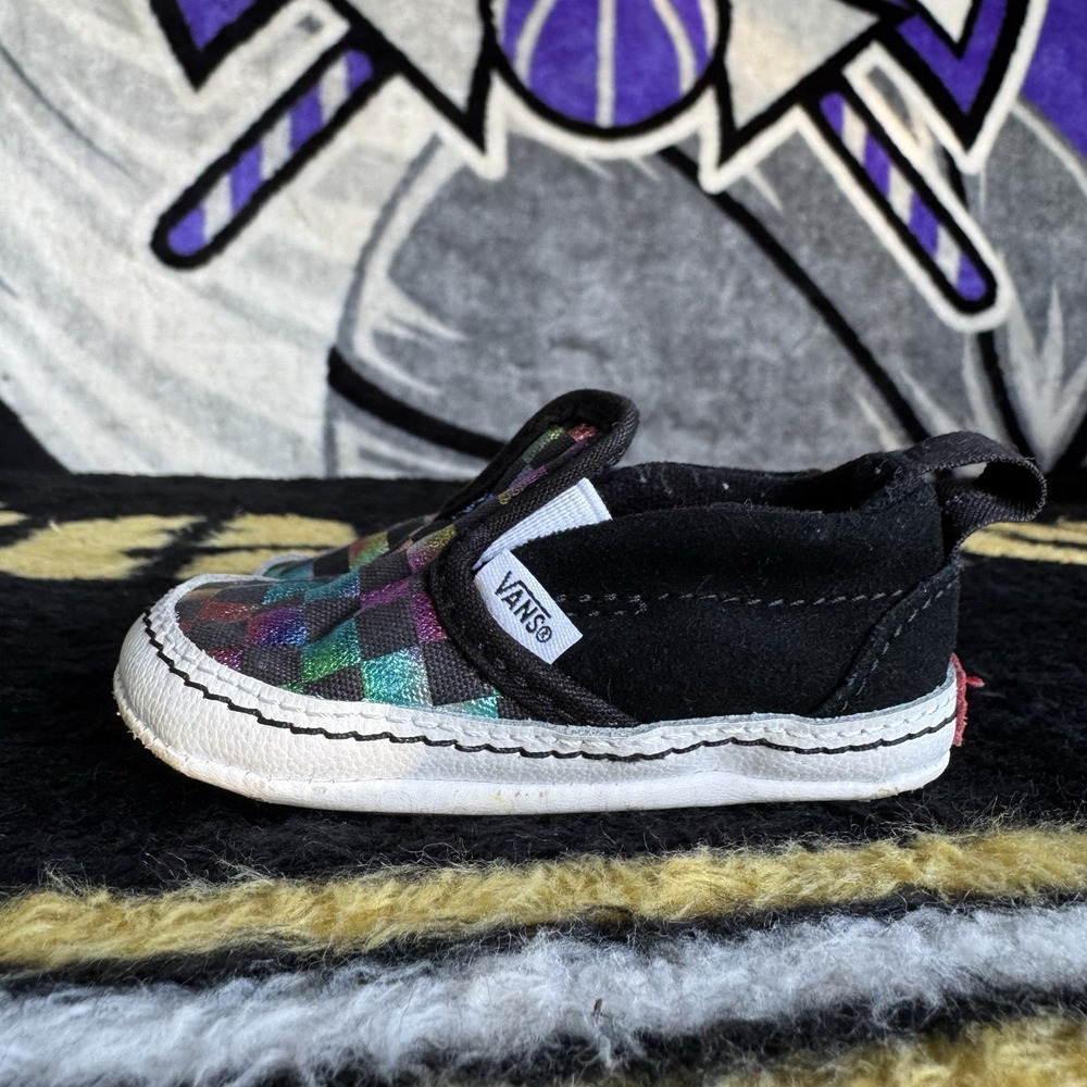 Size 3c - Vans Iridescent Rainbow Black Checkerboard Skate Shoes Slip On Toddler
